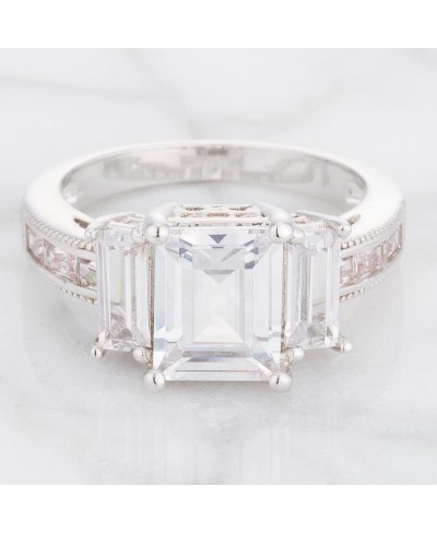 Rhodium Plated Celebrity Engagement Ring with Large Emerald Cut CZ Triplet with More Round Cut CZ $27.55 Engagement Rings