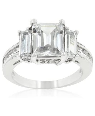 Rhodium Plated Celebrity Engagement Ring with Large Emerald Cut CZ Triplet with More Round Cut CZ $27.55 Engagement Rings