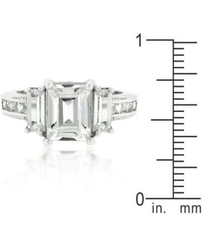 Rhodium Plated Celebrity Engagement Ring with Large Emerald Cut CZ Triplet with More Round Cut CZ $27.55 Engagement Rings