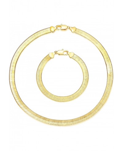 Real Gold Plated Italian Snake Chain Necklace Flat Herringbone Choker Dainty Necklace Bracelet Set for Women 16-18-20 Inch $2...