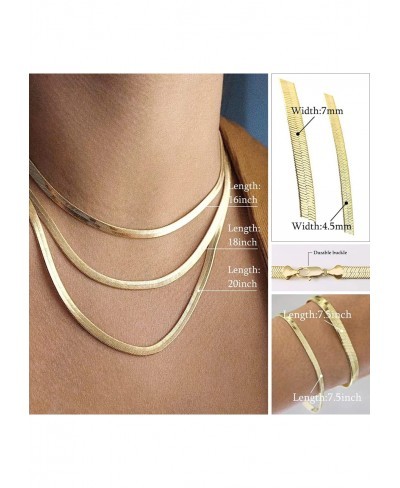 Real Gold Plated Italian Snake Chain Necklace Flat Herringbone Choker Dainty Necklace Bracelet Set for Women 16-18-20 Inch $2...