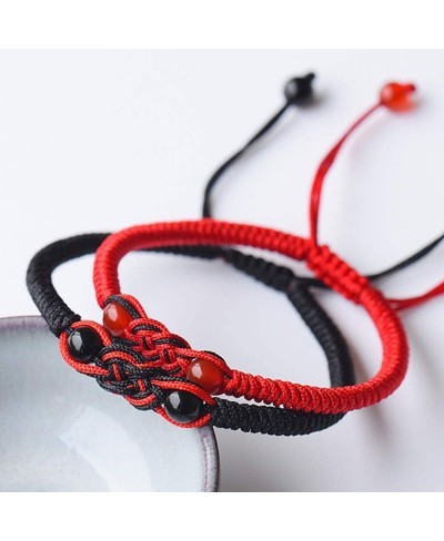 Men Women Hand-Woven Chinese Knot Black and Red Rope Couple Bracelets Natural Agate Stone Beads Braided Lucky Feng Shui Brace...