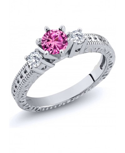 925 Sterling Silver Round Pink Created Sapphire and Forever Classic Created Moissanite from Charles & Colvard 3-Stone Women R...