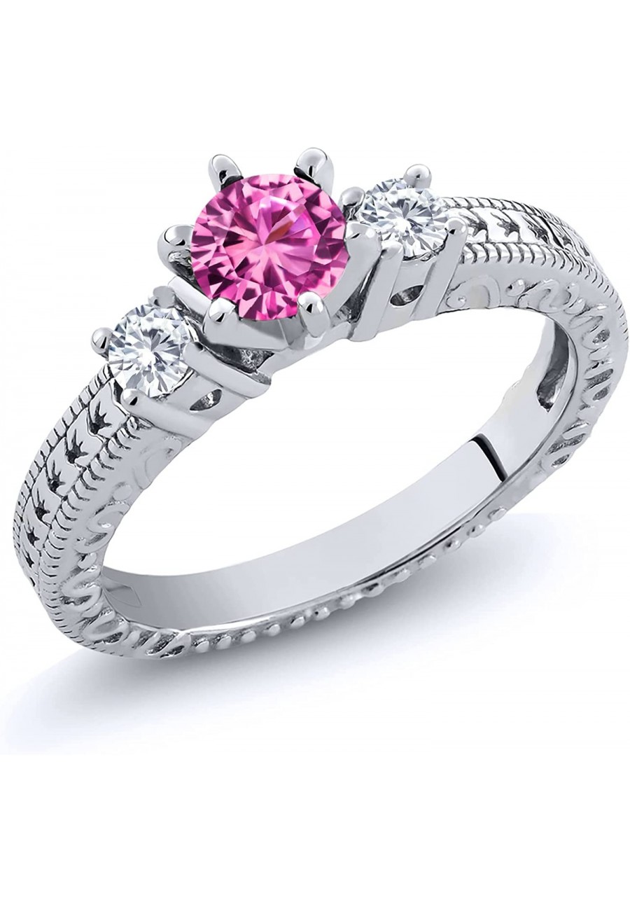 925 Sterling Silver Round Pink Created Sapphire and Forever Classic Created Moissanite from Charles & Colvard 3-Stone Women R...