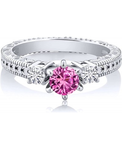 925 Sterling Silver Round Pink Created Sapphire and Forever Classic Created Moissanite from Charles & Colvard 3-Stone Women R...