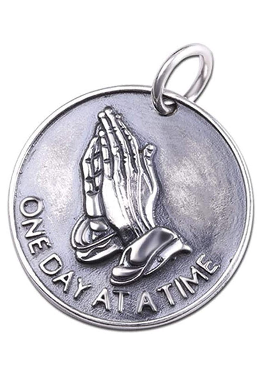 Vintage Solid 925 Sterling Silver Round Medallion Coin Pendant Necklace Bible Verse Praying Hands Necklace for Men Women 50cm...