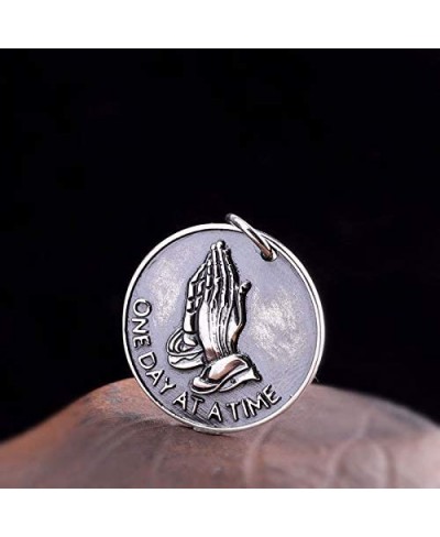 Vintage Solid 925 Sterling Silver Round Medallion Coin Pendant Necklace Bible Verse Praying Hands Necklace for Men Women 50cm...