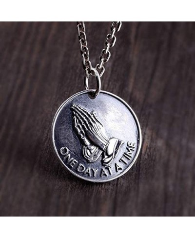 Vintage Solid 925 Sterling Silver Round Medallion Coin Pendant Necklace Bible Verse Praying Hands Necklace for Men Women 50cm...