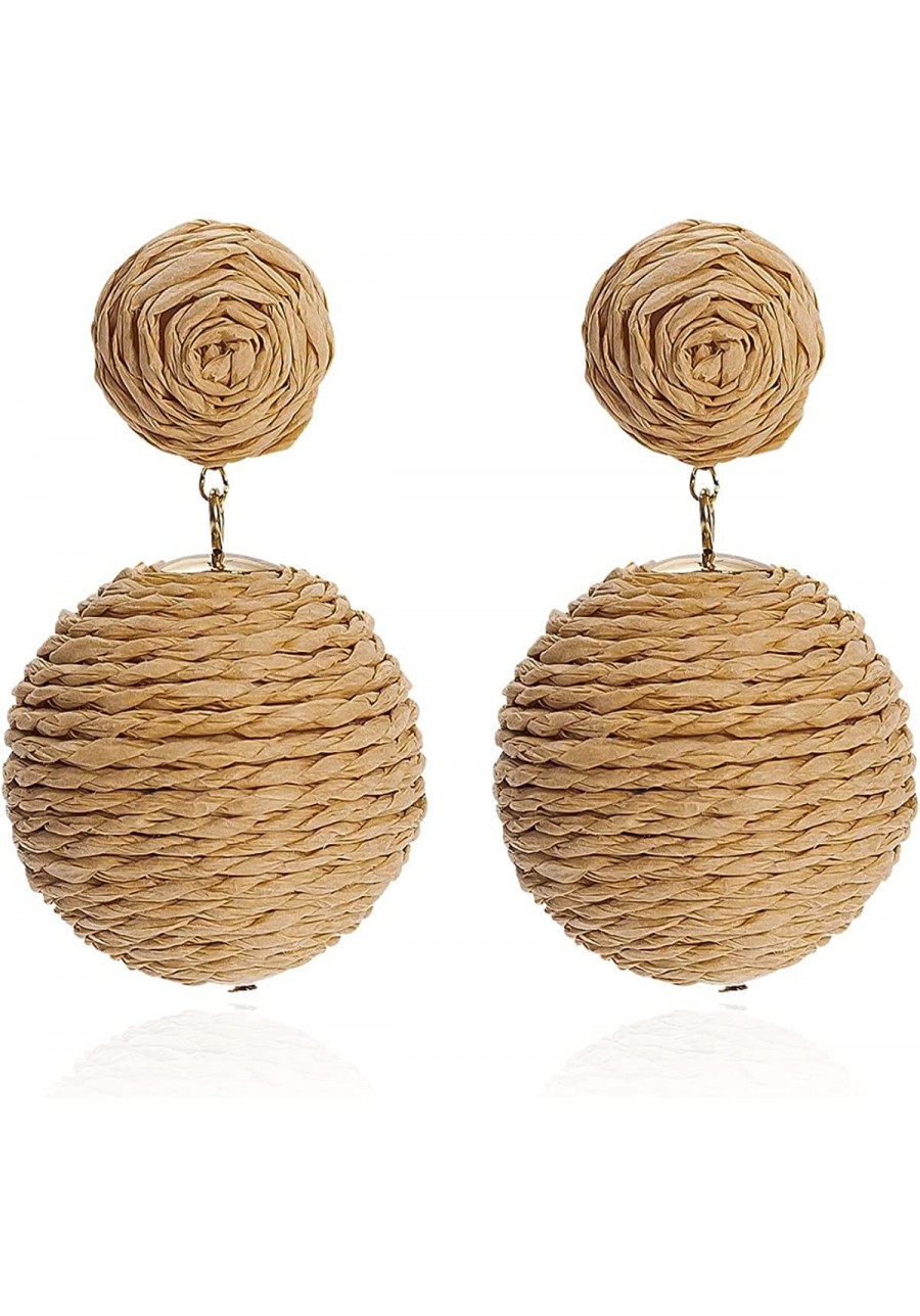 Pom Pom Statement Raffia Round Earrings 925 Sterling Silver Post Boho Drop Handmade Straw Earrings For Women Girls $13.55 Dro...