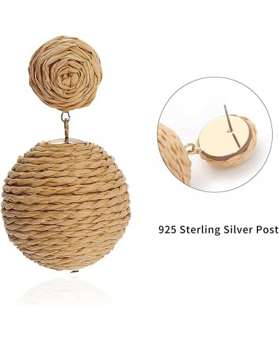 Pom Pom Statement Raffia Round Earrings 925 Sterling Silver Post Boho Drop Handmade Straw Earrings For Women Girls $13.55 Dro...