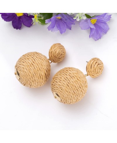 Pom Pom Statement Raffia Round Earrings 925 Sterling Silver Post Boho Drop Handmade Straw Earrings For Women Girls $13.55 Dro...