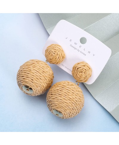 Pom Pom Statement Raffia Round Earrings 925 Sterling Silver Post Boho Drop Handmade Straw Earrings For Women Girls $13.55 Dro...