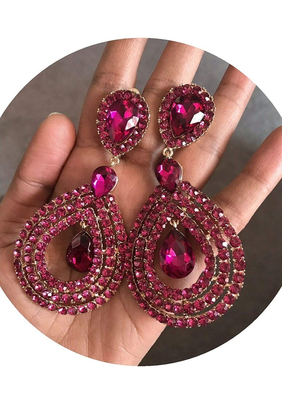 3.75" Huge Long Pink Fuchsia Dangle Pageant Rhinestone Crystal Earrings Clip On $29.25 Clip-Ons