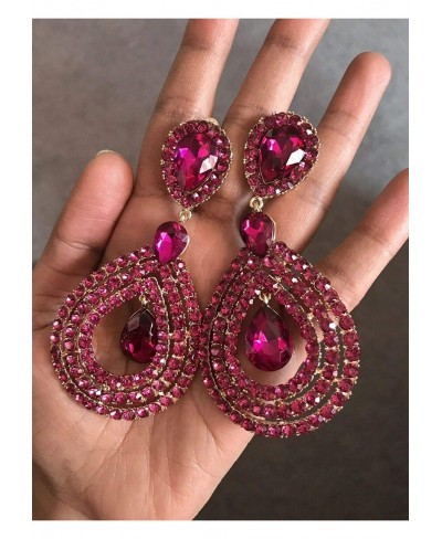 3.75" Huge Long Pink Fuchsia Dangle Pageant Rhinestone Crystal Earrings Clip On $29.25 Clip-Ons