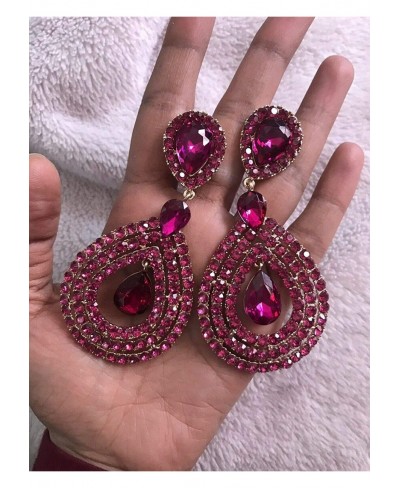 3.75" Huge Long Pink Fuchsia Dangle Pageant Rhinestone Crystal Earrings Clip On $29.25 Clip-Ons