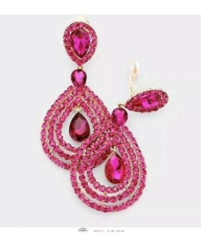 3.75" Huge Long Pink Fuchsia Dangle Pageant Rhinestone Crystal Earrings Clip On $29.25 Clip-Ons