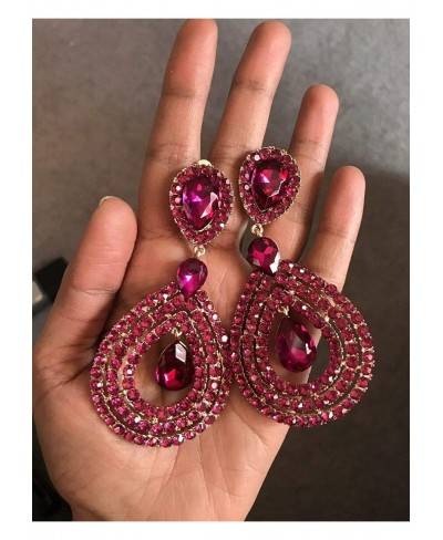 3.75" Huge Long Pink Fuchsia Dangle Pageant Rhinestone Crystal Earrings Clip On $29.25 Clip-Ons