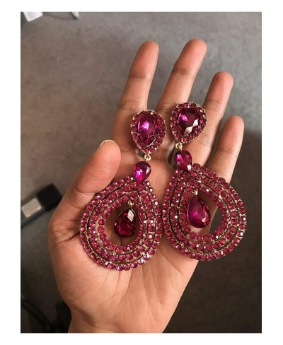 3.75" Huge Long Pink Fuchsia Dangle Pageant Rhinestone Crystal Earrings Clip On $29.25 Clip-Ons