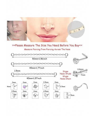 20G Nose Rings with Across Top Nose Chain Surgical Steel Nose Studs Nostril Rings Chains Nose Piercing Jewelry for Women Men ...