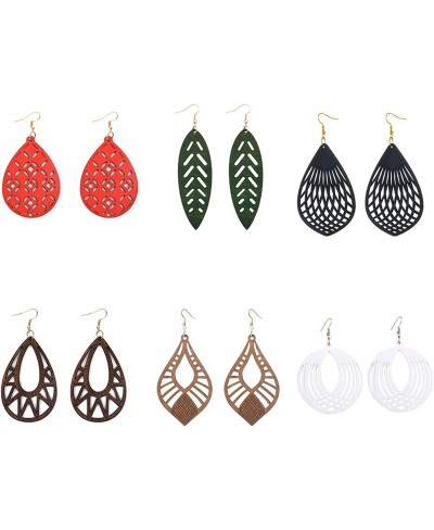 6 Pairs Ethnic Wooden Dangle Earrings Bohemian Wooden Hollow African Drop Earrings Sets Lightweight African Style Wood Teardr...