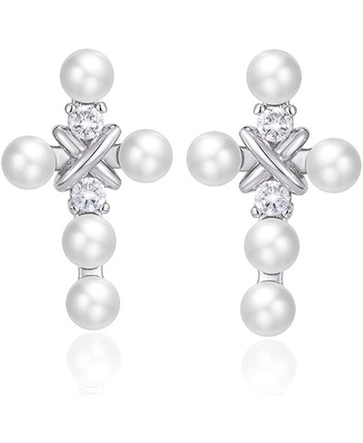 S925 Silver Cross Dangle Earrings Asymmetric Cross Earrings Pearl Cross Stud Geometry Huggie Hoop Dainty Cross Drop Earrings ...