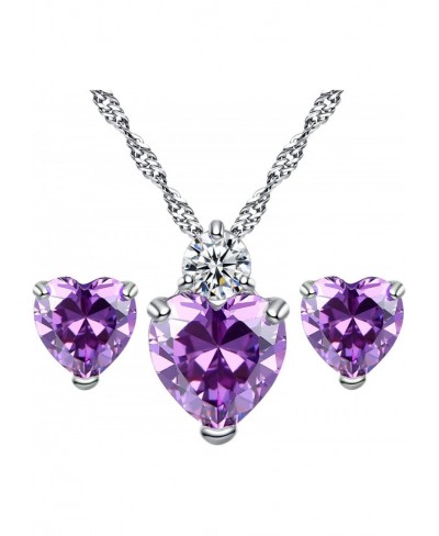 Jewelry Set Silver Plated Heart Pendant Purple Cubic Zircon Necklace Hoop Earring Stud for Women $12.54 Jewelry Sets