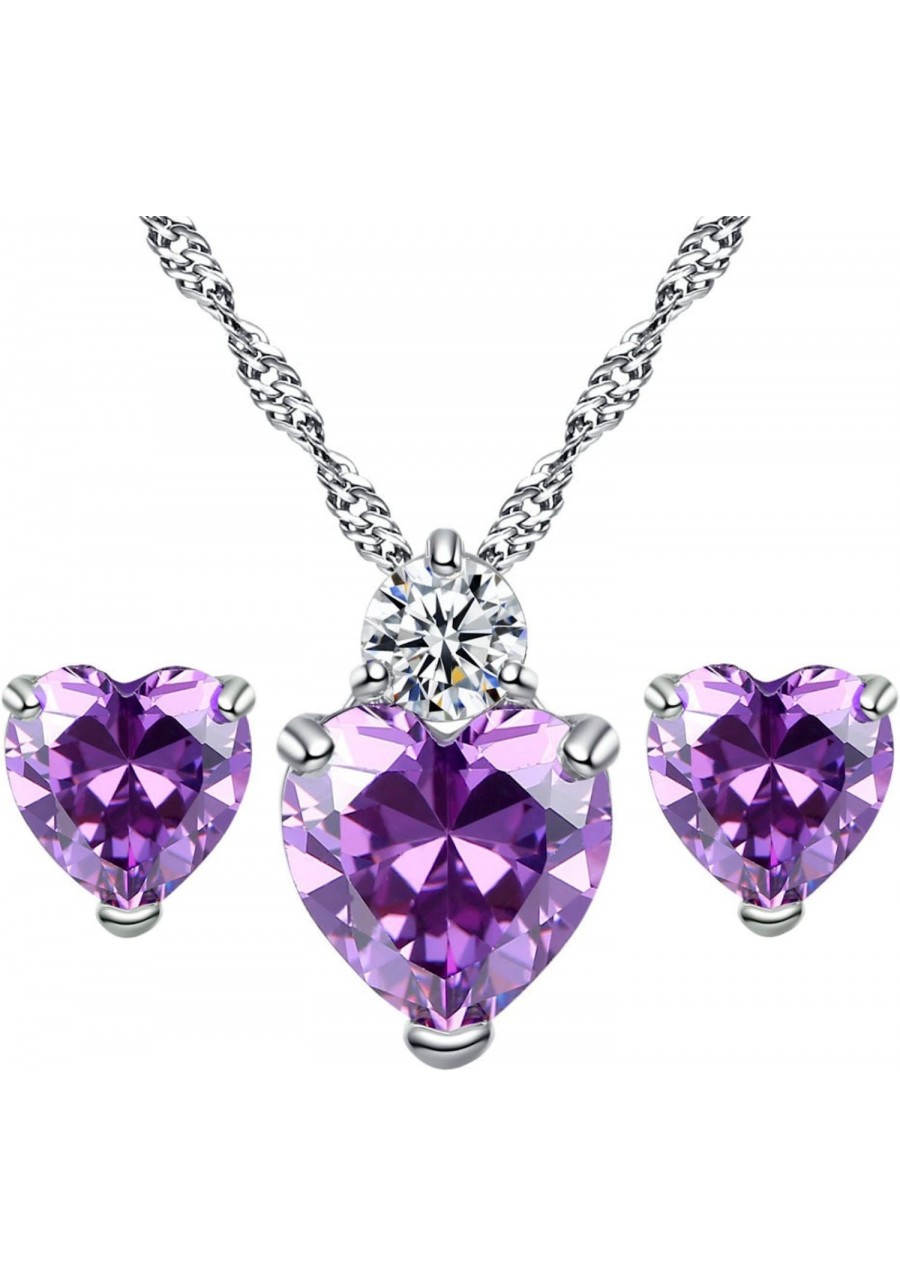 Jewelry Set Silver Plated Heart Pendant Purple Cubic Zircon Necklace Hoop Earring Stud for Women $12.54 Jewelry Sets