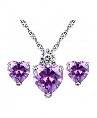 Jewelry Set Silver Plated Heart Pendant Purple Cubic Zircon Necklace Hoop Earring Stud for Women $12.54 Jewelry Sets