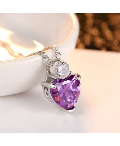 Jewelry Set Silver Plated Heart Pendant Purple Cubic Zircon Necklace Hoop Earring Stud for Women $12.54 Jewelry Sets