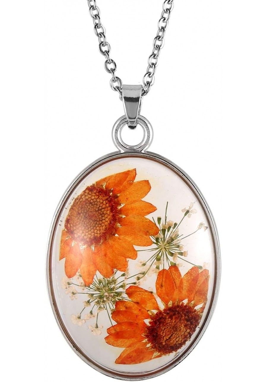 Multicolor Daisy Pressed Flowers Queen Anne's Lace Transparent Oval Pendant Necklace (4 Colors) $8.12 Pendant Necklaces