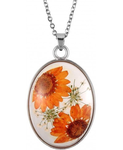 Multicolor Daisy Pressed Flowers Queen Anne's Lace Transparent Oval Pendant Necklace (4 Colors) $8.12 Pendant Necklaces