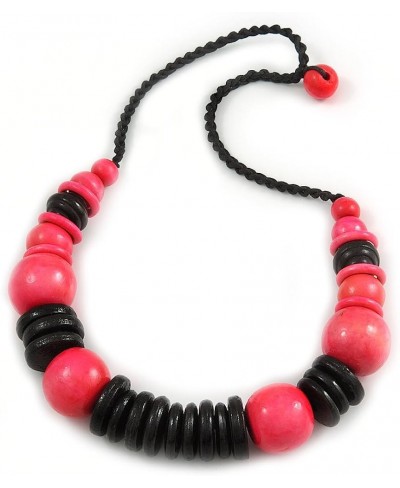 Statement Chunky Black/Deep Pink Wood Bead with Black Cotton Cord Necklace - 60cm L $17.12 Chains