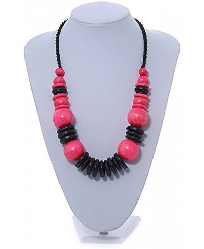 Statement Chunky Black/Deep Pink Wood Bead with Black Cotton Cord Necklace - 60cm L $17.12 Chains