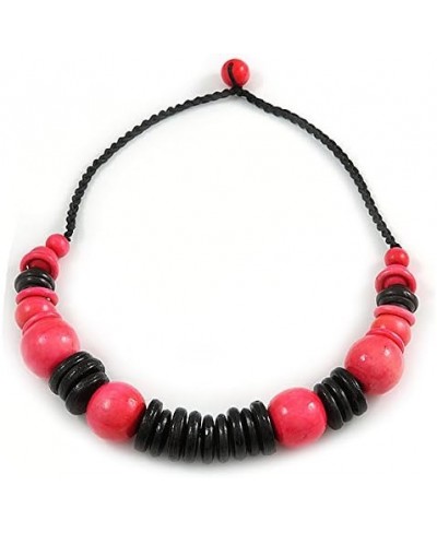 Statement Chunky Black/Deep Pink Wood Bead with Black Cotton Cord Necklace - 60cm L $17.12 Chains