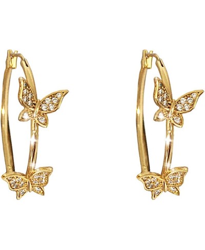 Double CZ Butterfly Dangle Hoop Earrings for Women Girls Cubic Zirconia Big Gold Hoops Click Top Lever-back Clasp Earring Dai...