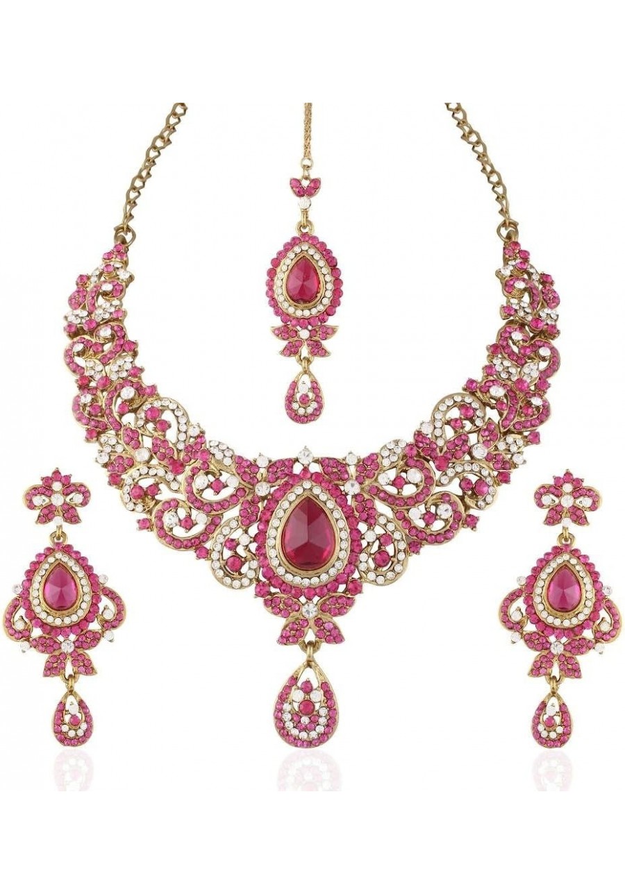 Women's Traditional Gold Plated Stone Necklace Set with Maang Tikka Pink $34.37 Jewelry Sets