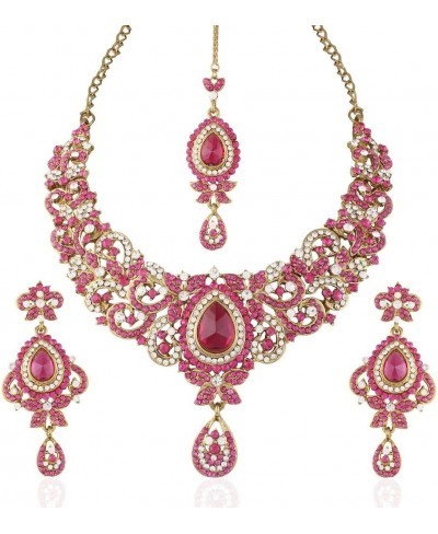 Women's Traditional Gold Plated Stone Necklace Set with Maang Tikka Pink $34.37 Jewelry Sets