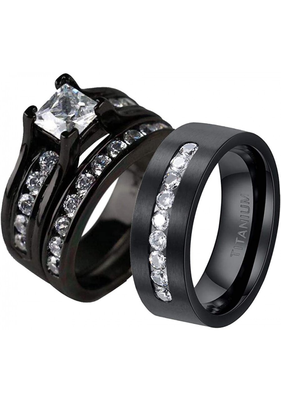 2 Rings His Her Wedding Ring Sets for Him and Her Couple Rings Black Matching Ring Women Engagement $31.51 Wedding Bands