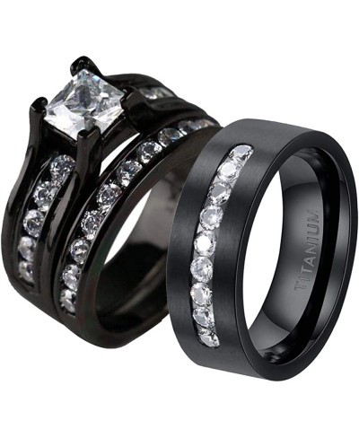 2 Rings His Her Wedding Ring Sets for Him and Her Couple Rings Black Matching Ring Women Engagement $31.51 Wedding Bands