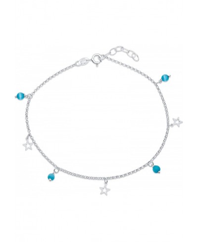 Dangle Open Star Multi Charm Aqua Blue Cats Eye Bead Anklet For Teen Ankle Bracelet For Women 925 Sterling Silver Adjustable ...