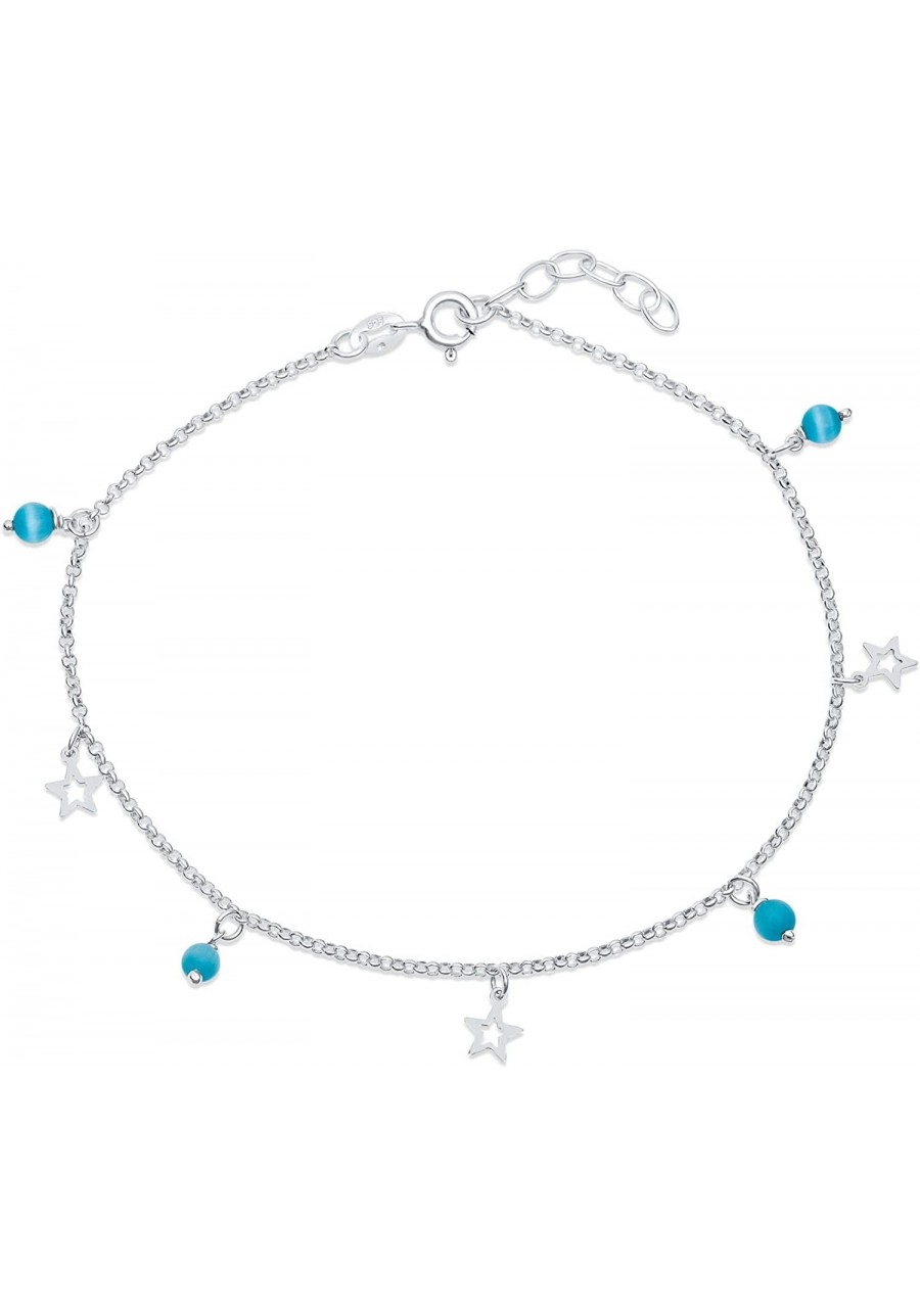 Dangle Open Star Multi Charm Aqua Blue Cats Eye Bead Anklet For Teen Ankle Bracelet For Women 925 Sterling Silver Adjustable ...