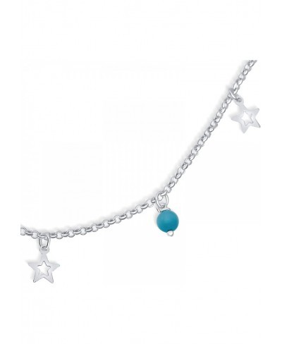 Dangle Open Star Multi Charm Aqua Blue Cats Eye Bead Anklet For Teen Ankle Bracelet For Women 925 Sterling Silver Adjustable ...