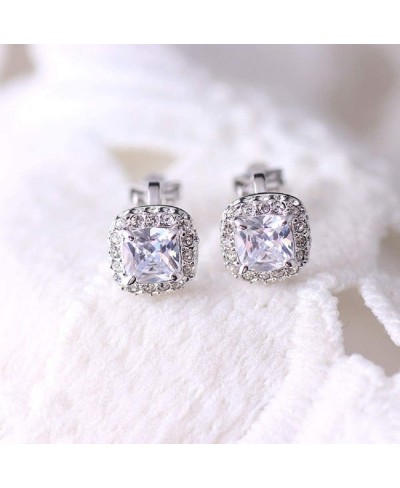 Square Halo Cubic Zirconia Paved Clip On Fake Stud Earrings for Women Girls No Piercing Ear White Gold Plated CZ Diamond Cut ...