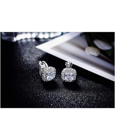 Square Halo Cubic Zirconia Paved Clip On Fake Stud Earrings for Women Girls No Piercing Ear White Gold Plated CZ Diamond Cut ...