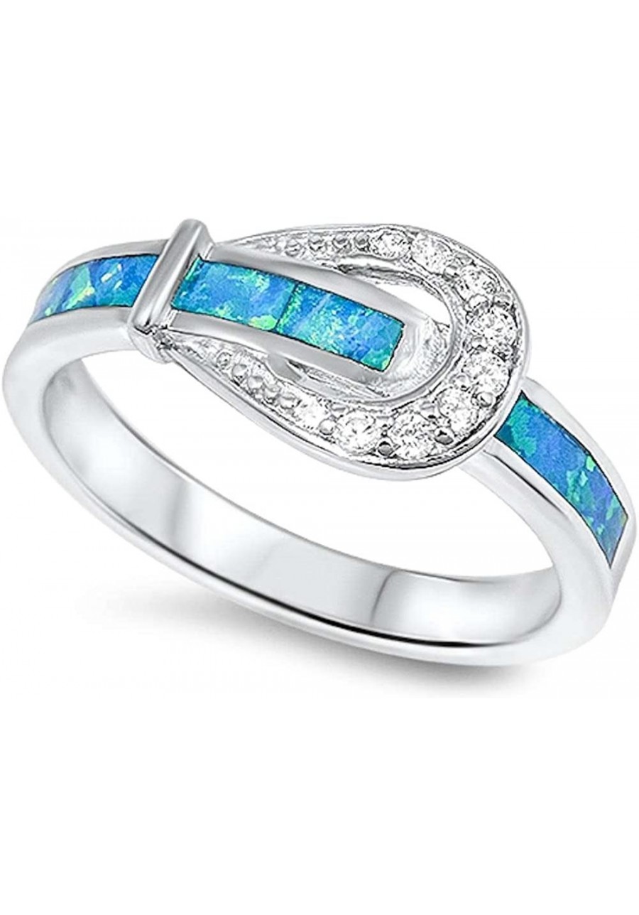 Lab Created Blue Opal & Cz Belt Buckle .925 Sterling Silver Ring Sizes 4-10 sro16614-bo $29.49 Statement