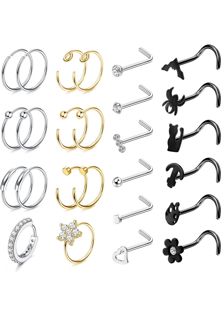 20G Nose Rings for Women Men L Shaped Screw Nose Stud Nose Hoop Silver Gold Black Nose Rings Hoops Surgical Stainless Steel N...