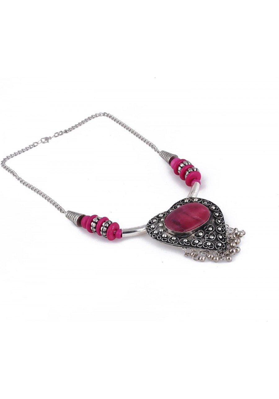 Women's Designer Heart Shaped Metal And Pink Stone Tibetan Necklace With Earrings $18.82 Jewelry Sets