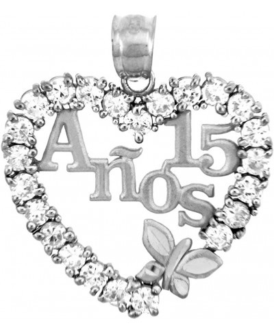 Sterling Silver Sweet 15 Anos Quinceanera Pendant with Cubic Zirconia Heart with Butterfly $27.49 Pendants & Coins