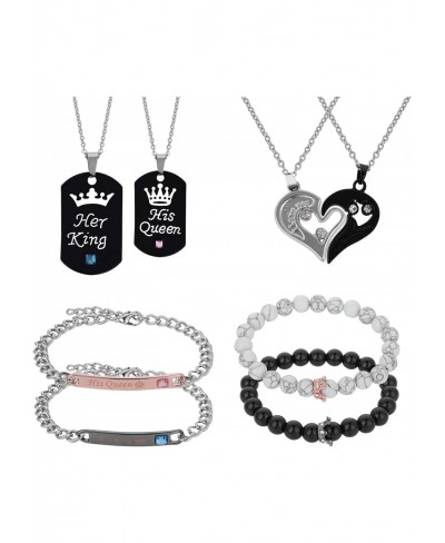 8 Pieces His Queen Her King Couple Necklace Bracelet Set I Love You Pendant Necklaces Crown Pendant Necklaces Matching Bracel...