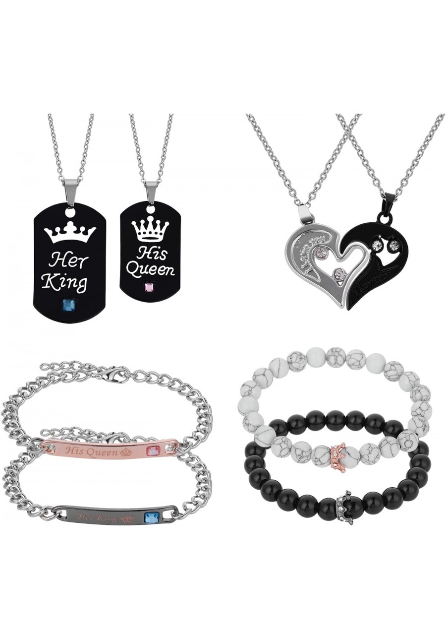 8 Pieces His Queen Her King Couple Necklace Bracelet Set I Love You Pendant Necklaces Crown Pendant Necklaces Matching Bracel...